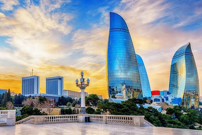 The Flame Towers above Baku at sunset