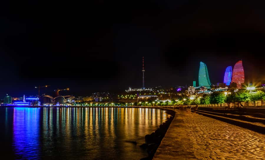 Panoramic Night Baku with Azerbaijan Tour - The Flame Towers after dark