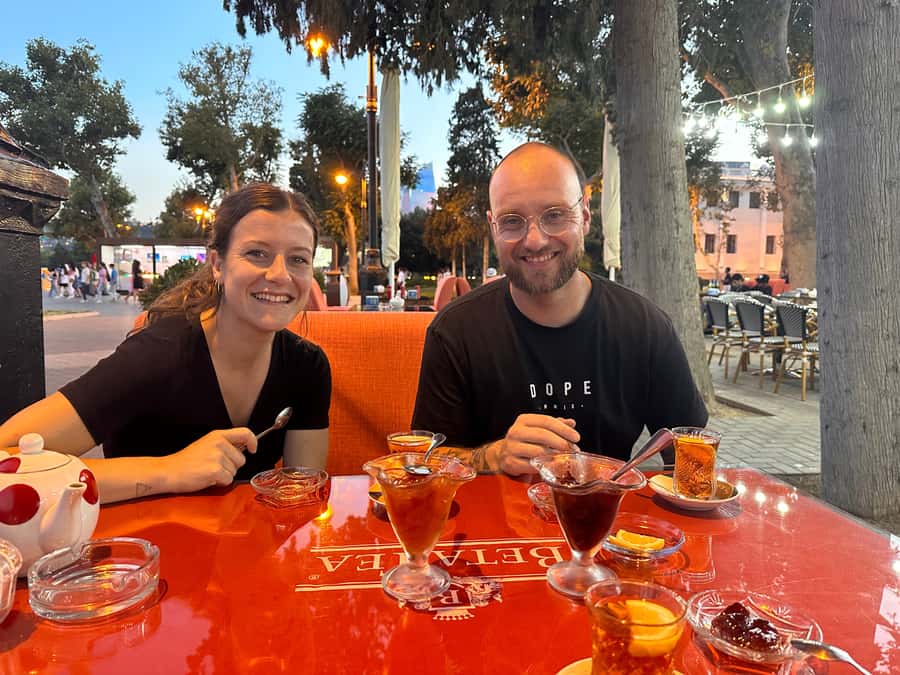Taste of Azerbaijan: Cuisine Tour with Snacks and Dinner - Tea, murabba, and baklava beside the boulevard